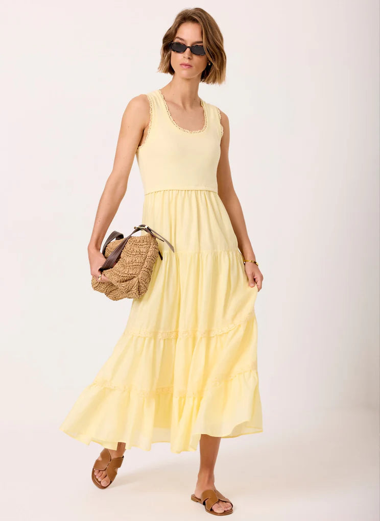 White Crochet Trim Tiered Midi Dress