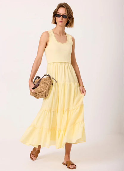 White Crochet Trim Tiered Midi Dress