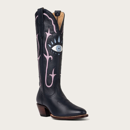 Women's Navy Inlay Cowboy Boots – 15-Inch Hand-Cut Leather Western Boots