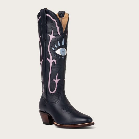 Women's Navy Inlay Cowboy Boots – 15-Inch Hand-Cut Leather Western Boots
