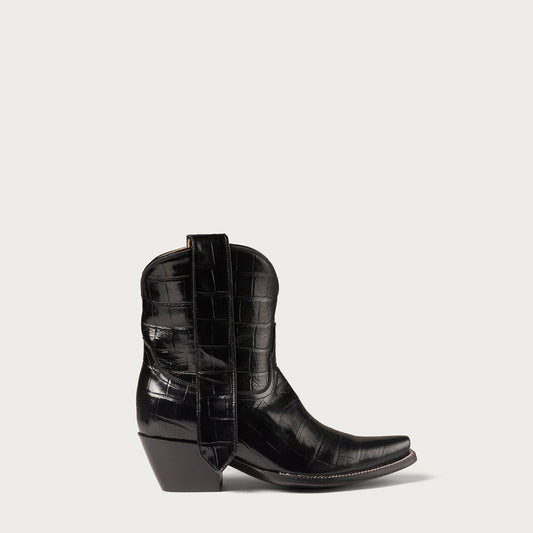 Women's Black Croc Ankle Cowboy Boots – 7-Inch Snip Toe Leather Booties
