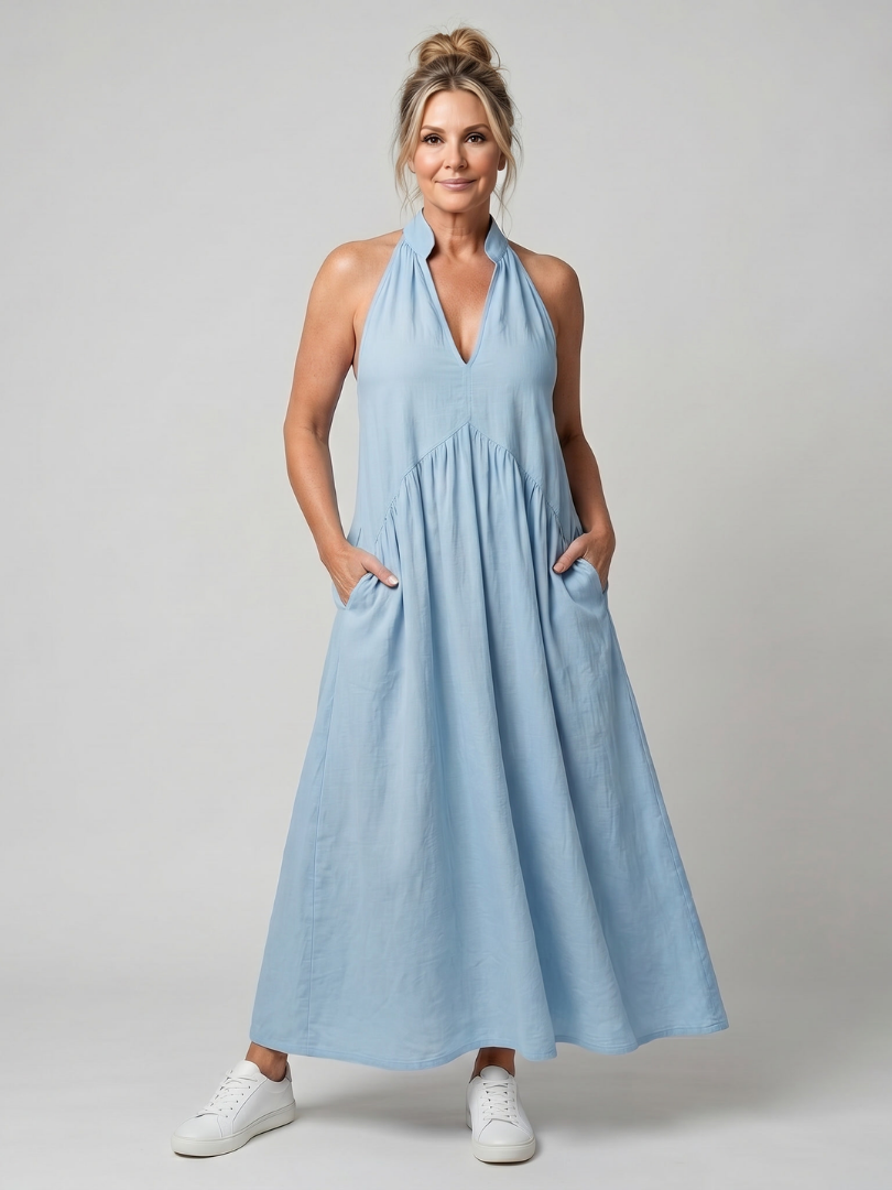 Adelina - Halter Neck Relaxed Flowing Silhouette Midi Dress