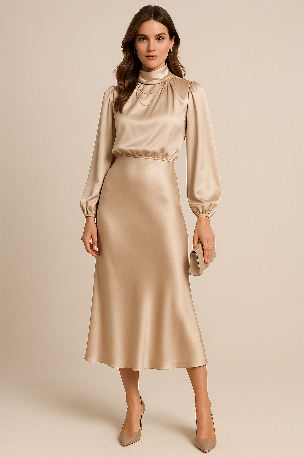 Eva | Women’s Shiny Midi Wedding Guest Dress with High Neck