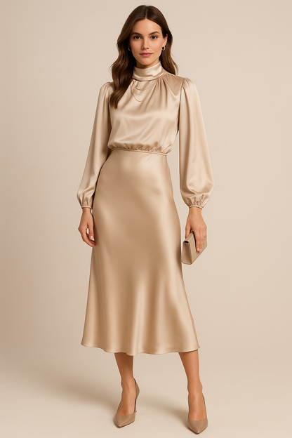 Eva | Women’s Shiny Midi Wedding Guest Dress with High Neck