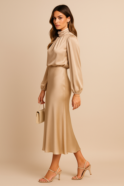 Eva | Women’s Shiny Midi Wedding Guest Dress with High Neck