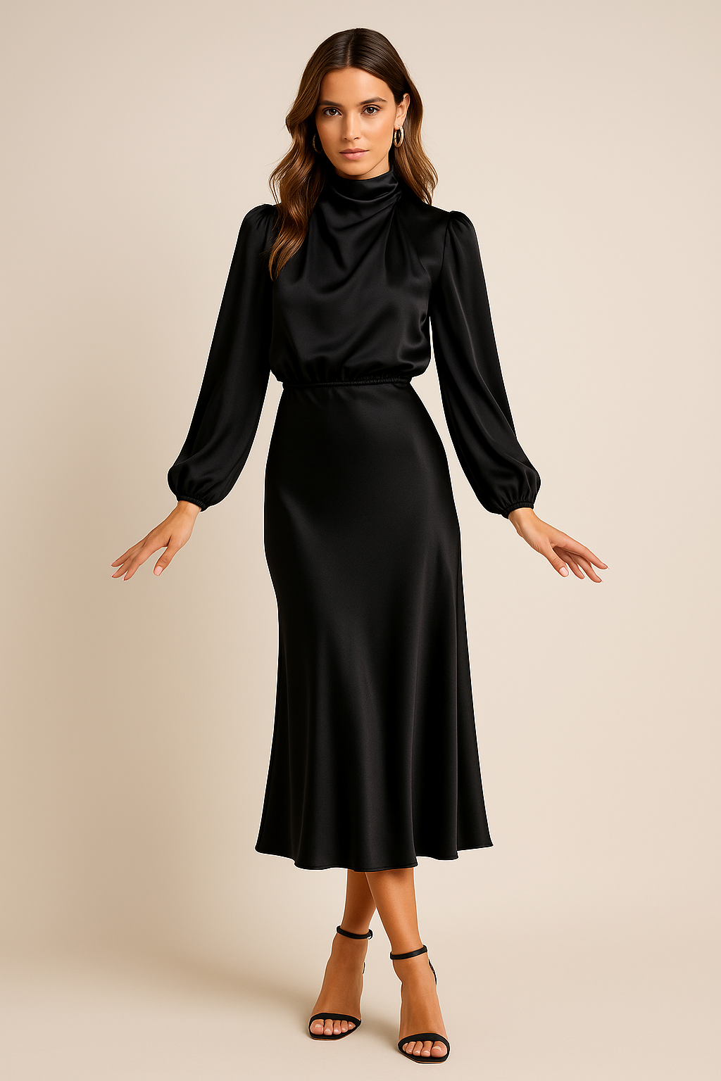 Eva | Women’s Shiny Midi Wedding Guest Dress with High Neck