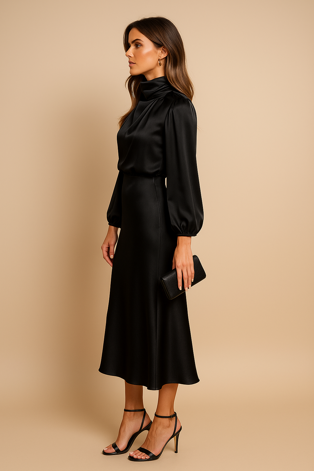 Eva | Women’s Shiny Midi Wedding Guest Dress with High Neck