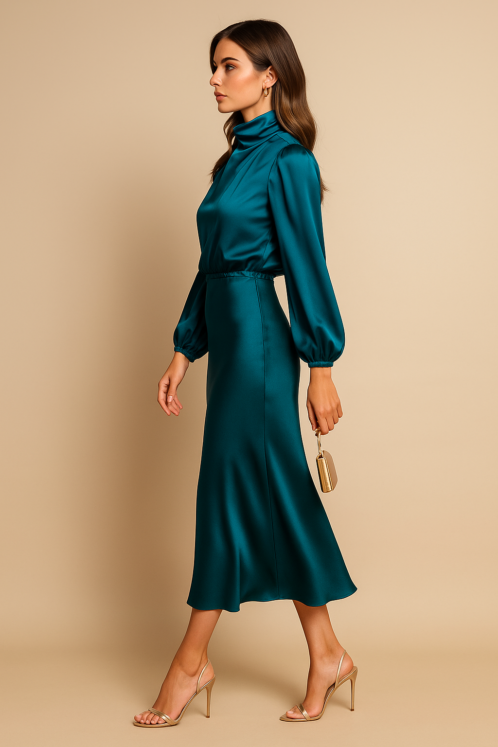 Eva | Women’s Shiny Midi Wedding Guest Dress with High Neck