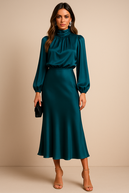 Eva | Women’s Shiny Midi Wedding Guest Dress with High Neck