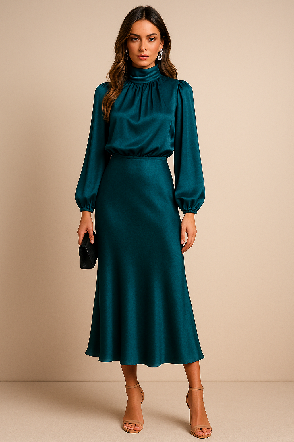 Eva | Women’s Shiny Midi Wedding Guest Dress with High Neck