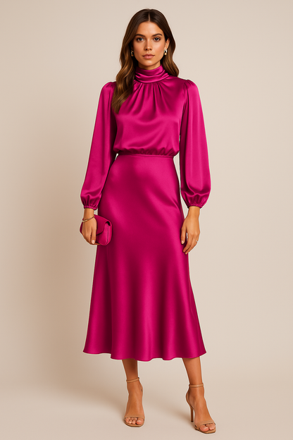 Eva | Women’s Shiny Midi Wedding Guest Dress with High Neck