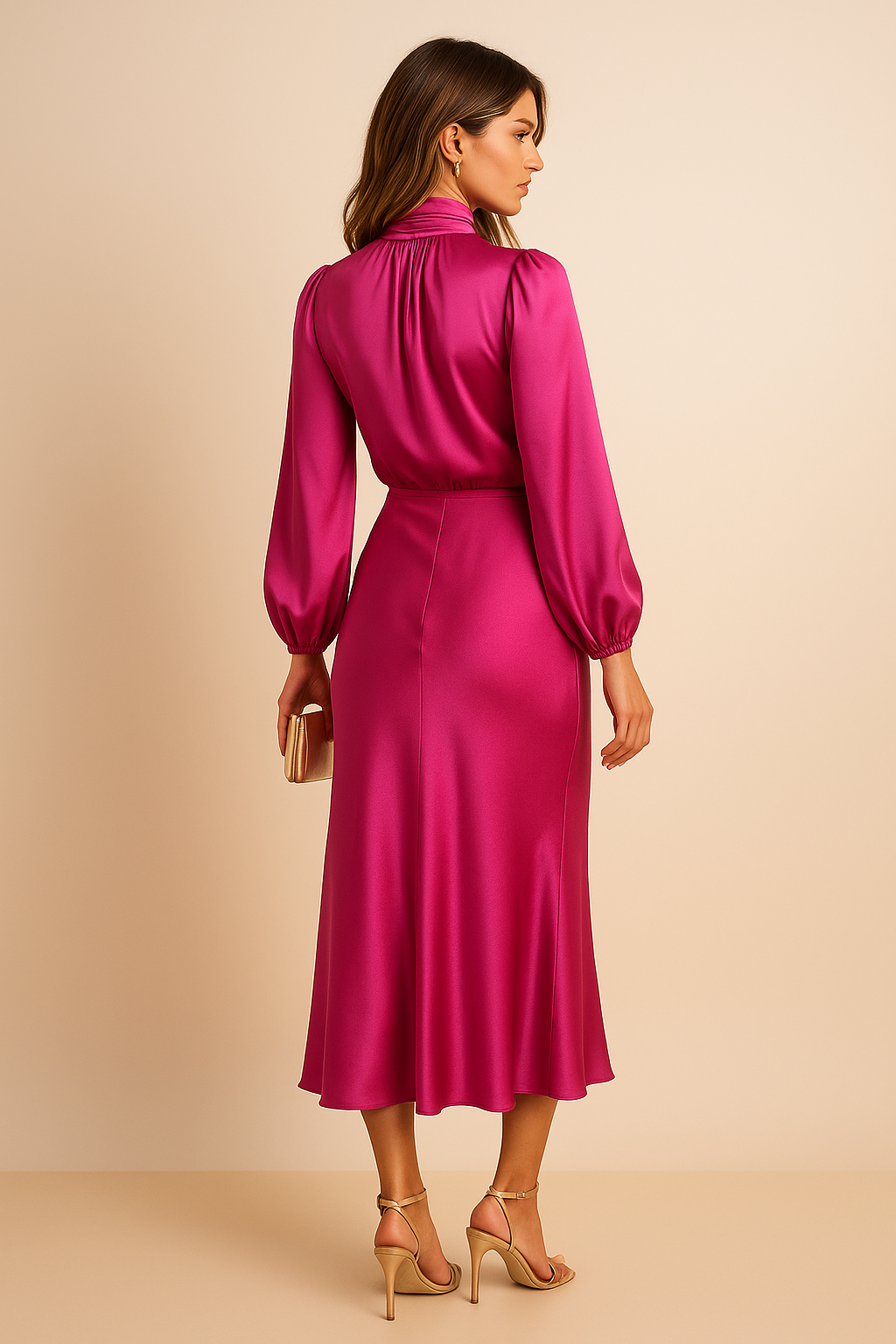 Eva | Women’s Shiny Midi Wedding Guest Dress with High Neck