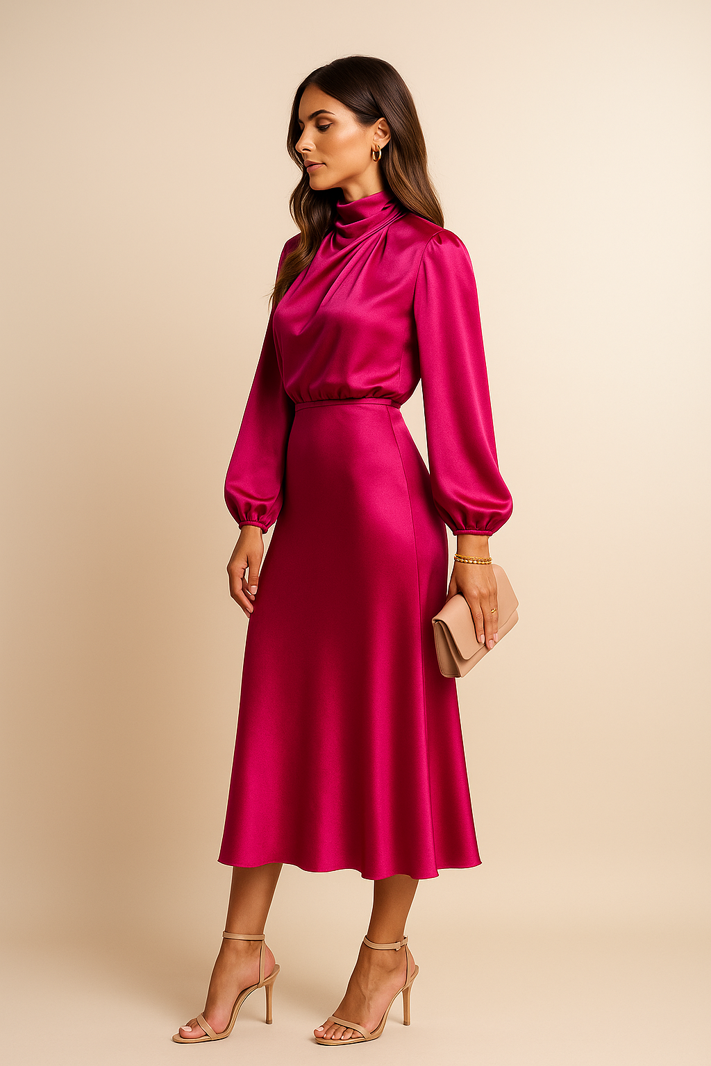 Eva | Women’s Shiny Midi Wedding Guest Dress with High Neck