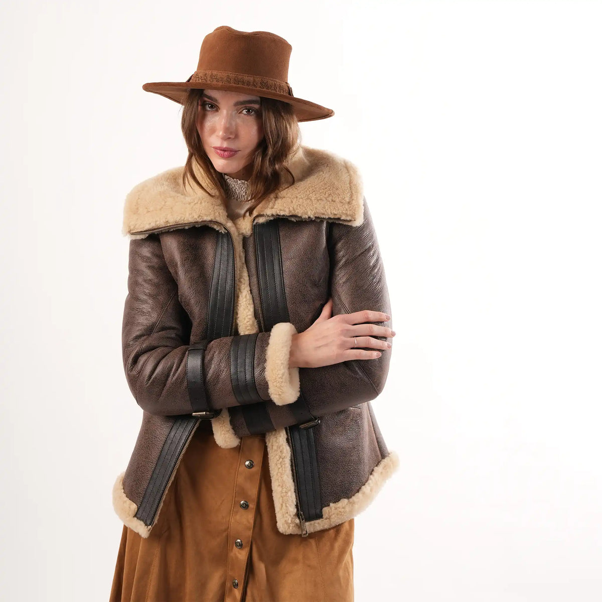 Women's Brown Sheepskin Aviator Jacket – Luxury Winter Coat – view 2