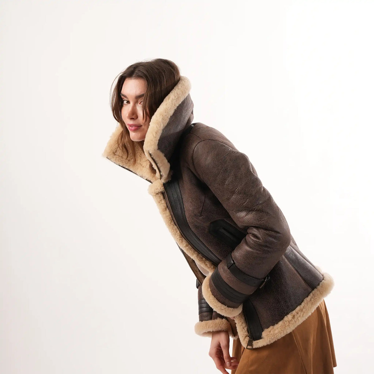 Women's Brown Sheepskin Aviator Jacket – Luxury Winter Coat