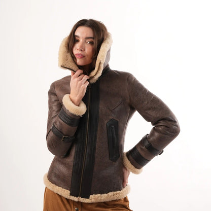 Women's Brown Sheepskin Aviator Jacket – Luxury Winter Coat – view 5