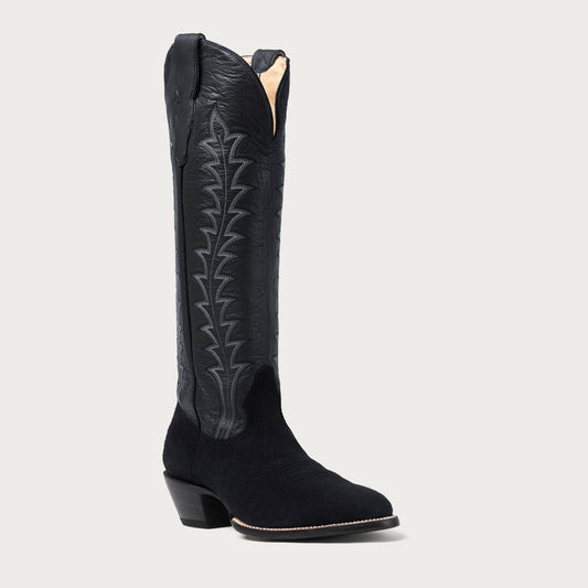Women's Tall Black Western Boots – 16-Inch Calfskin & Suede Cowgirl Boots