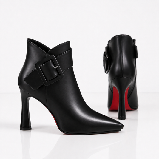 Women's Leather Buckle Ankle Boots – 3.5-Inch Sculpted Heel, Side Zip