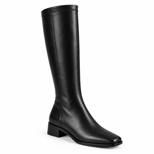 Women's Square-Toe Knee-High Boots – Low Heel, Back Zip, Faux Leather