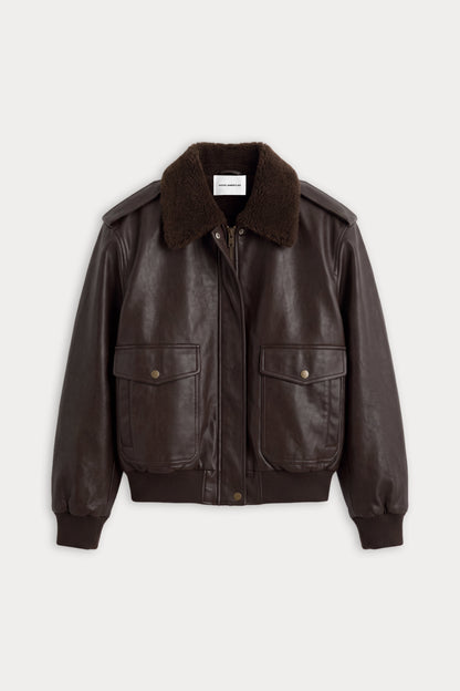 Faux Leather Flight Jacket with Faux-Fur Collar – Deep Chocolate – view 5