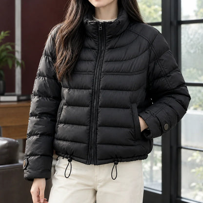 Women's Cropped Quilted Jacket – Stand Collar Zip-Up with Drawcord Hem