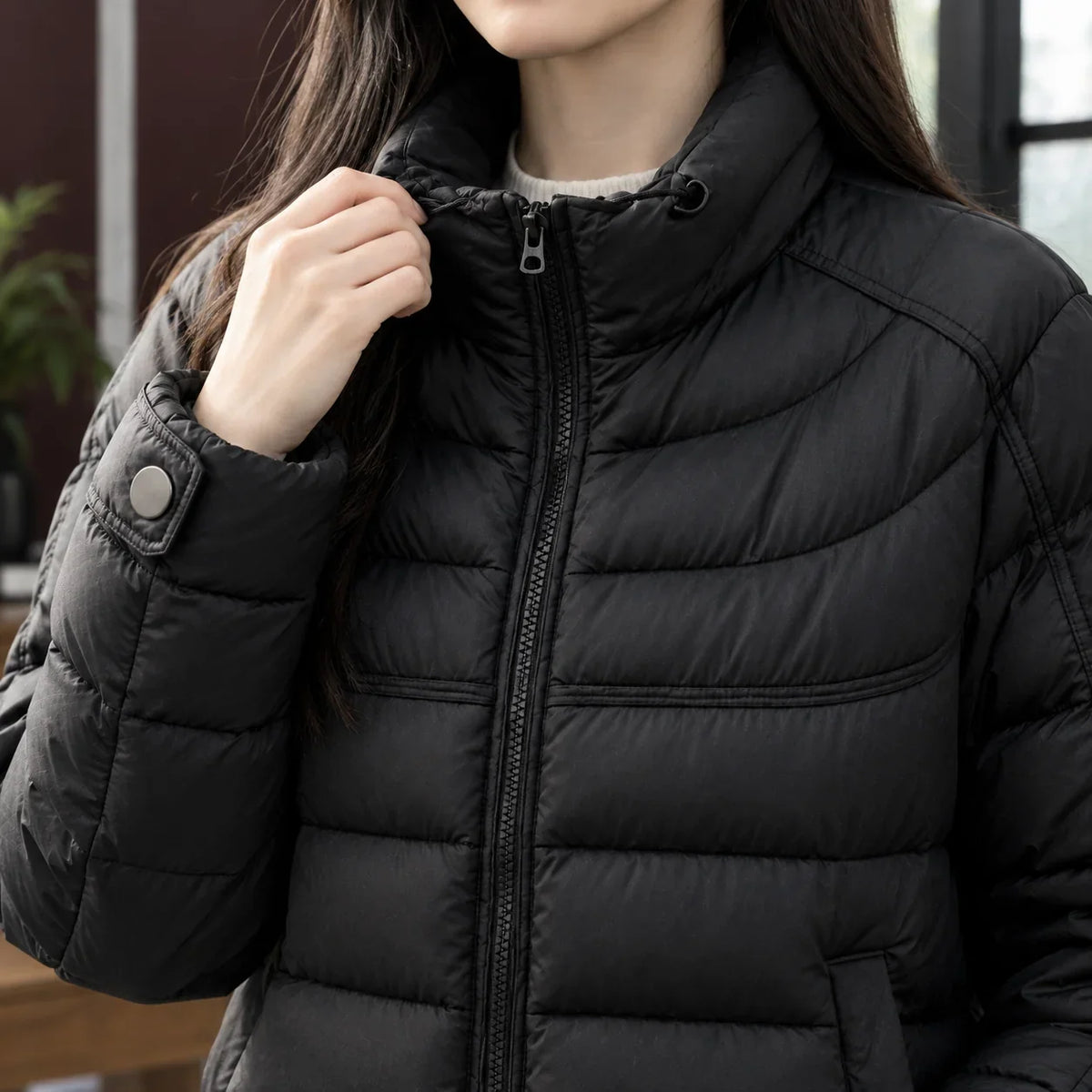 Women's Cropped Quilted Jacket – Stand Collar Zip-Up with Drawcord Hem – view 2