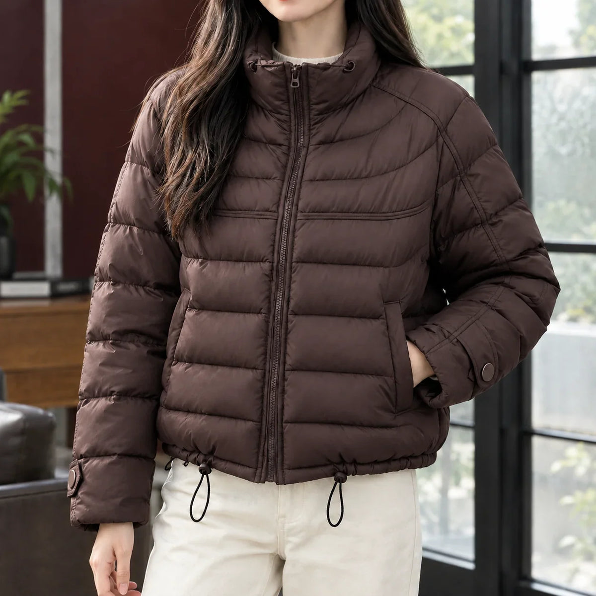Women's Cropped Quilted Jacket – Stand Collar Zip-Up with Drawcord Hem – view 4