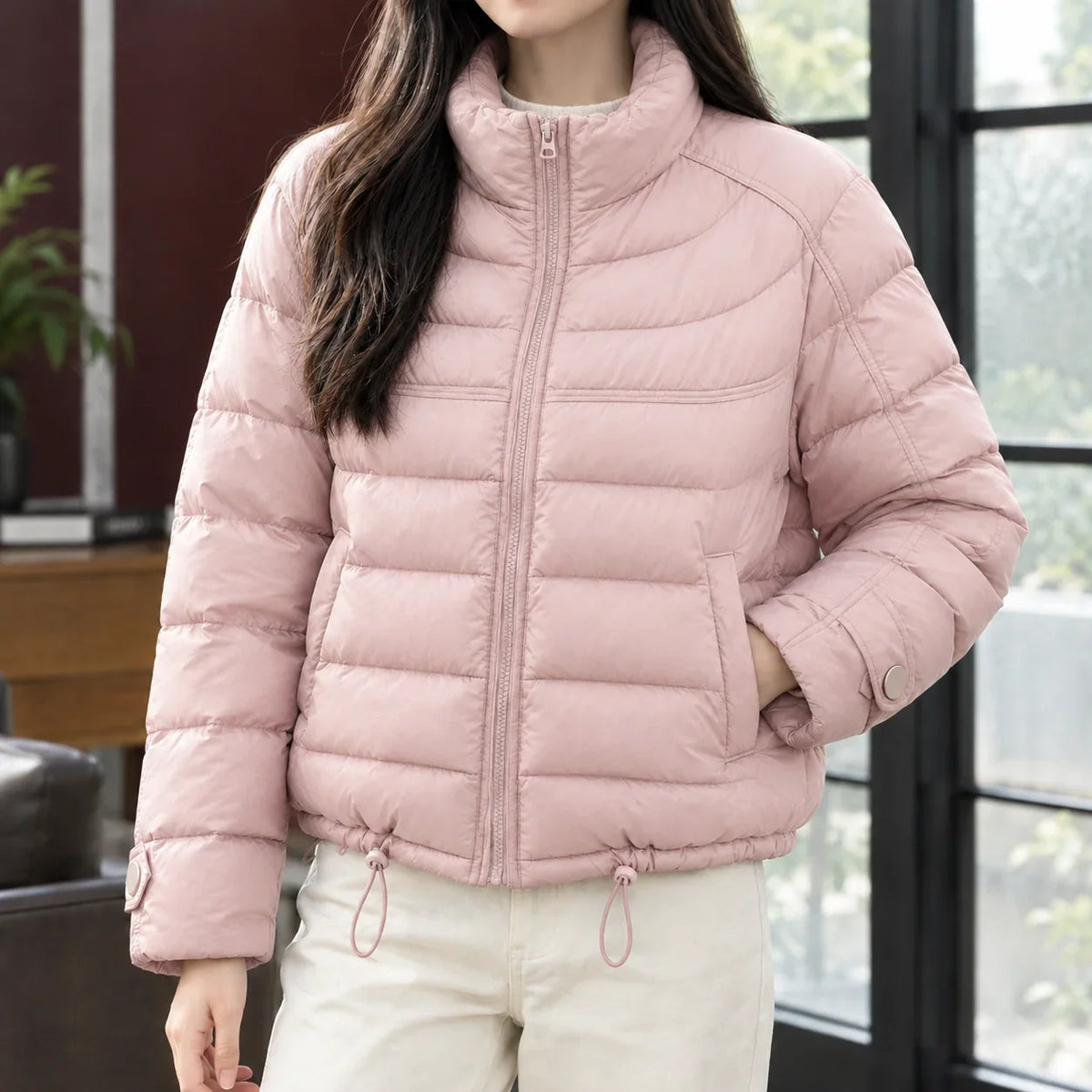 Women's Cropped Quilted Jacket – Stand Collar Zip-Up with Drawcord Hem – view 5