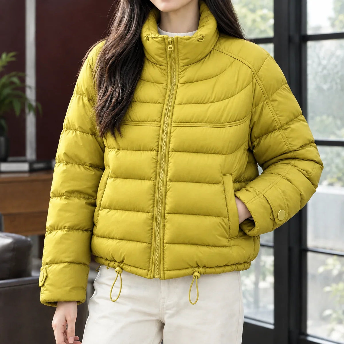 Women's Cropped Quilted Jacket – Stand Collar Zip-Up with Drawcord Hem – view 6