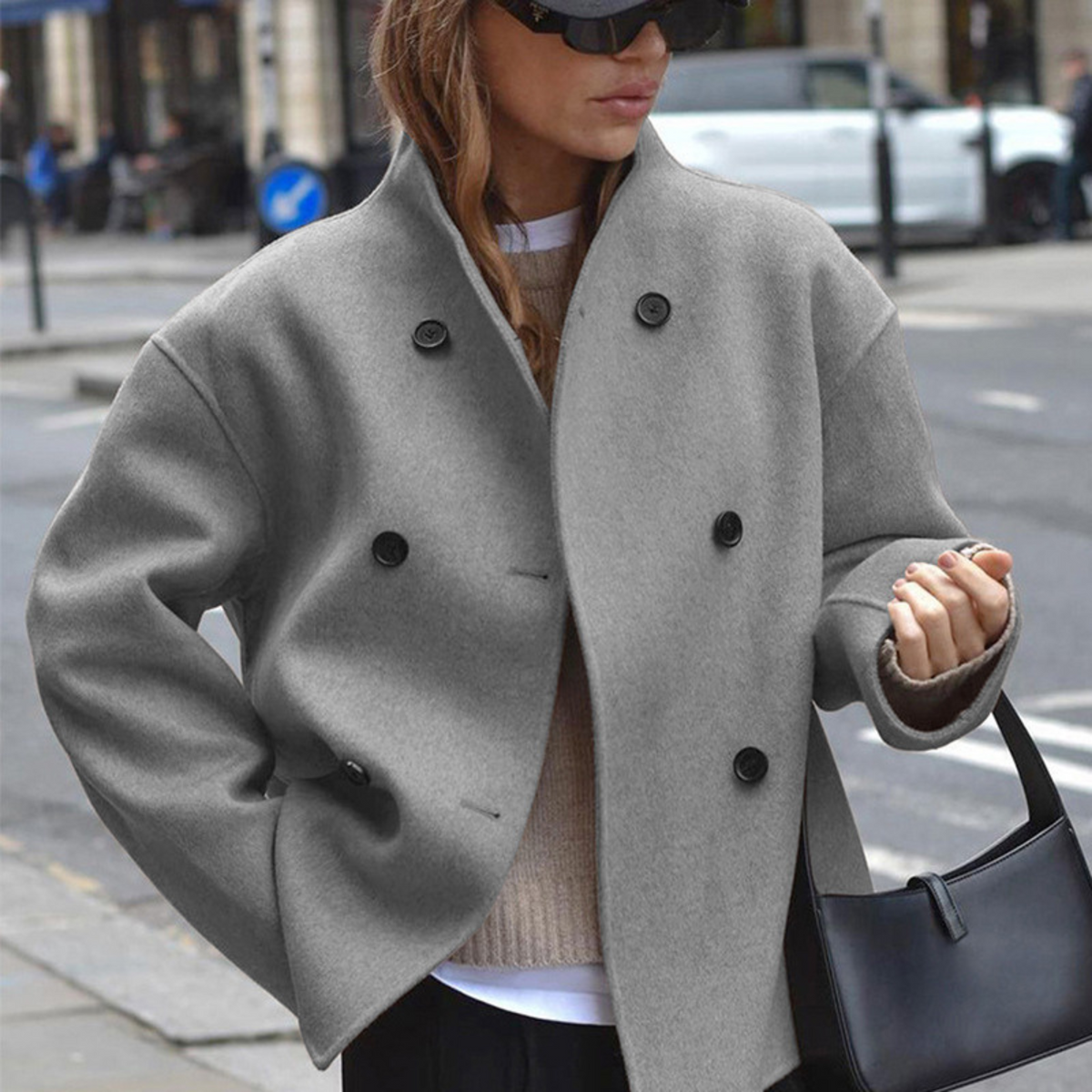 Women's Double-Breasted Wool Blend Coat – Stand Collar, Relaxed Fit – view 2
