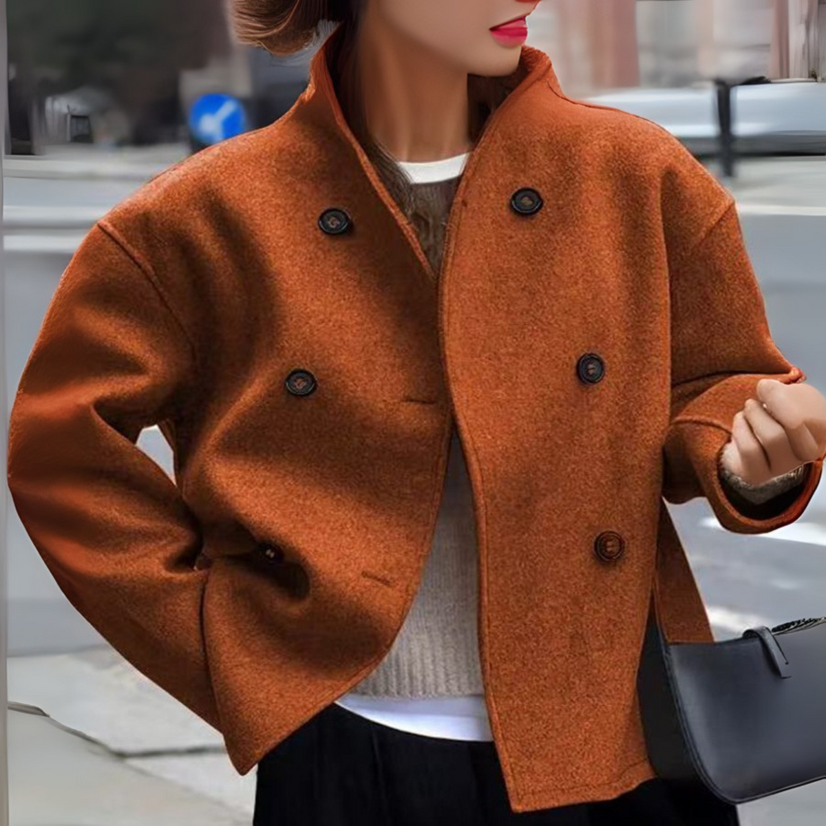 Women's Double-Breasted Wool Blend Coat – Stand Collar, Relaxed Fit – view 5