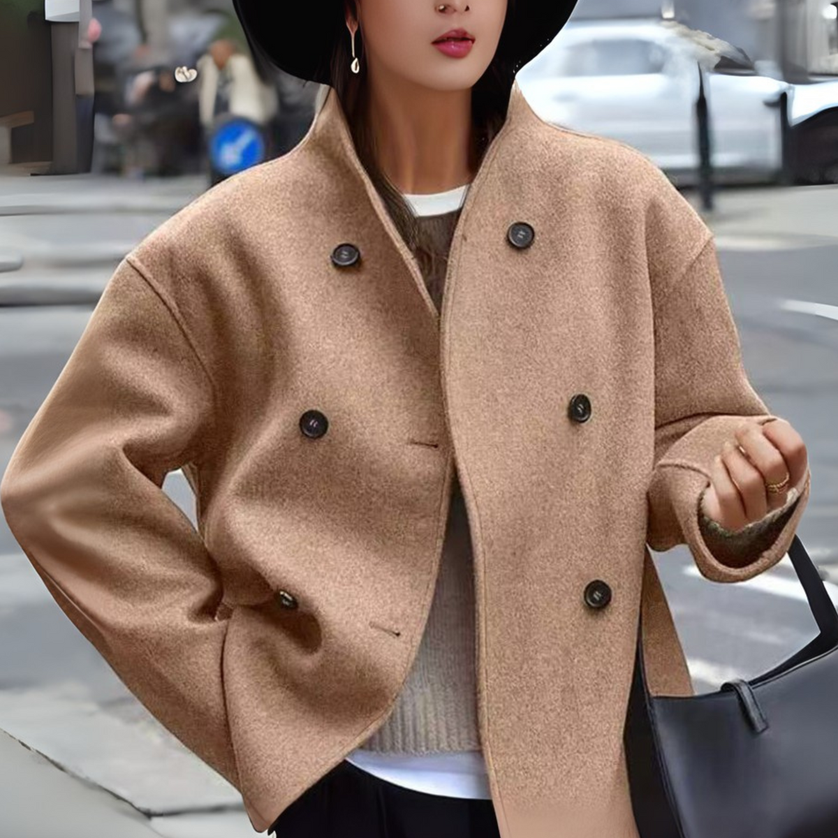 Women's Double-Breasted Wool Blend Coat – Stand Collar, Relaxed Fit – view 7