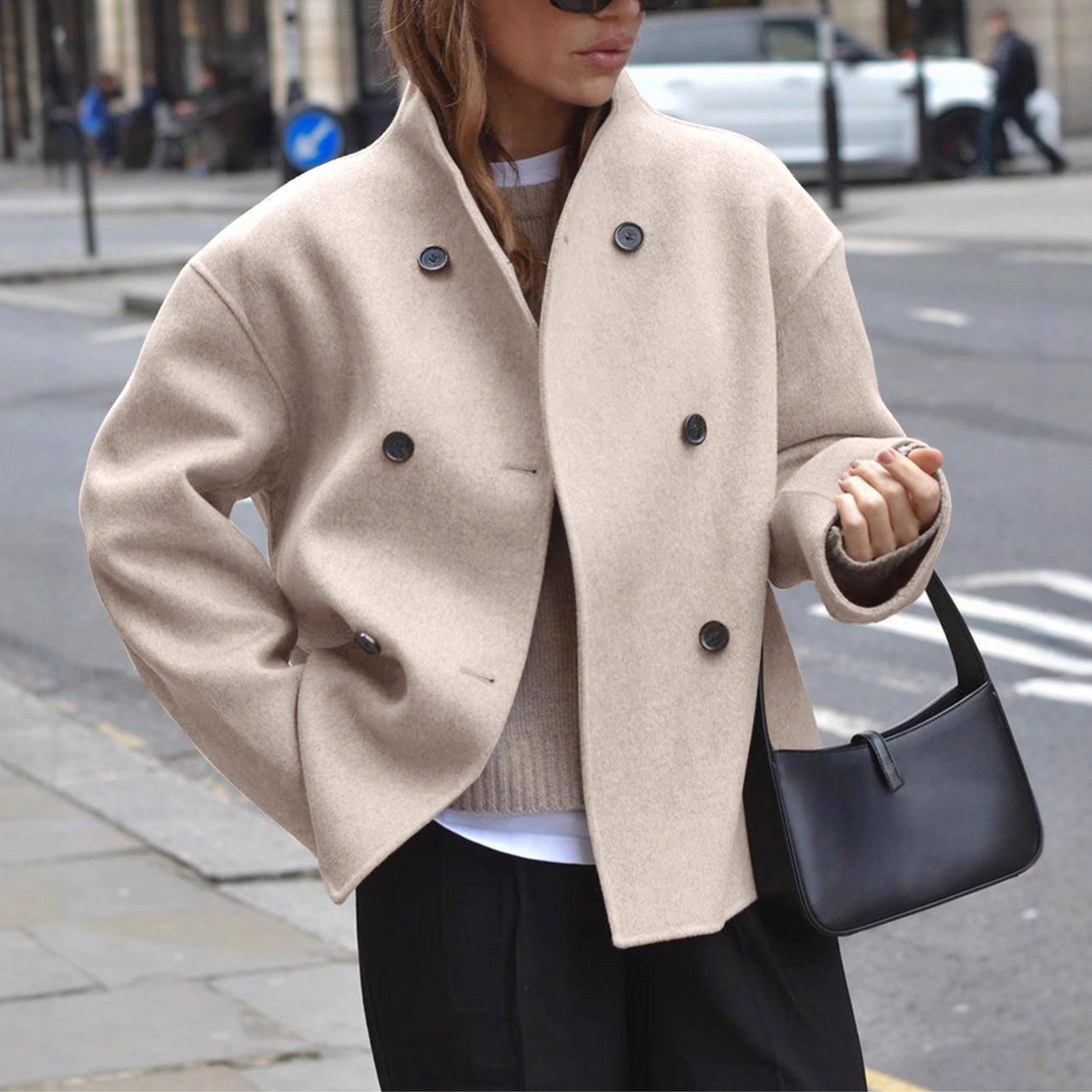 Women's Double-Breasted Wool Blend Coat – Stand Collar, Relaxed Fit