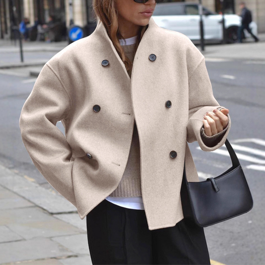 Women's Double-Breasted Wool Blend Coat – Stand Collar, Relaxed Fit