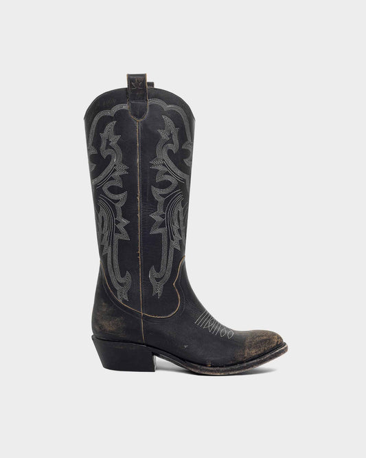 Women's High-Calf Black Western Boots – Handcrafted Full-Grain Leather