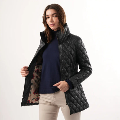 Women's Quilted Navy Leather Coat – Classic Winter Outerwear – view 3