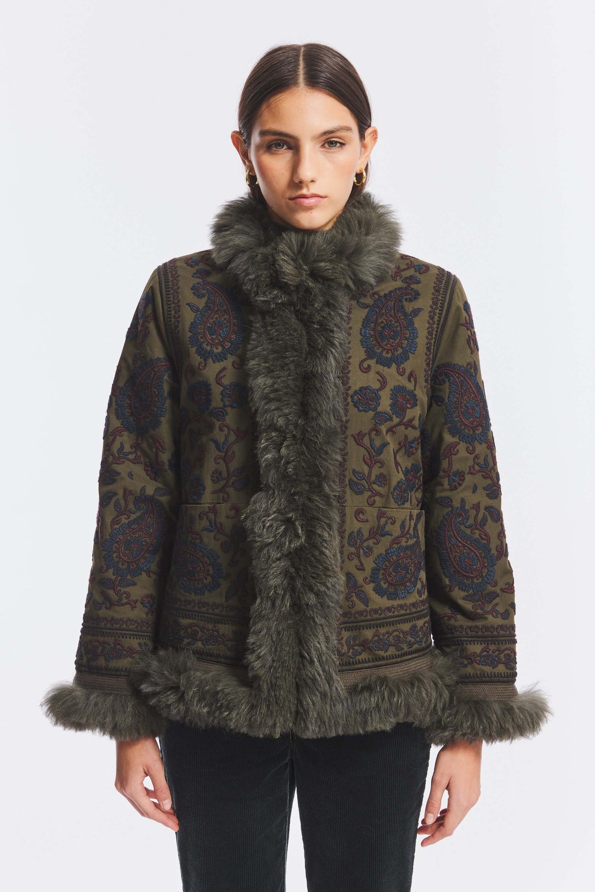 Embroidered Afghan-Inspired Jacket with Faux-Fur Lining – Boho Floral Coat – view 2