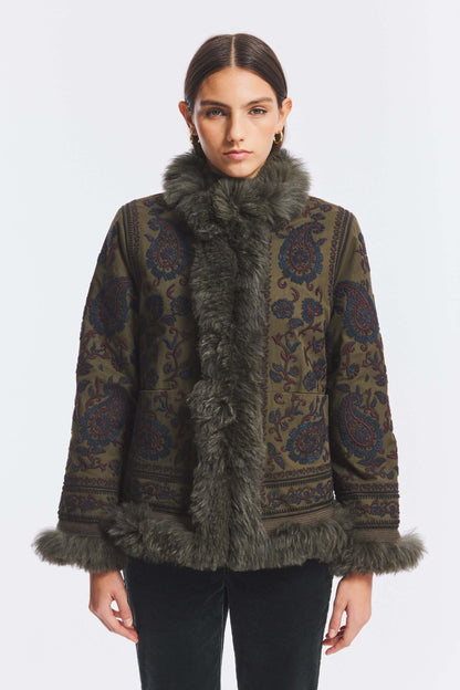 Embroidered Afghan-Inspired Jacket with Faux-Fur Lining – Boho Floral Coat – view 2