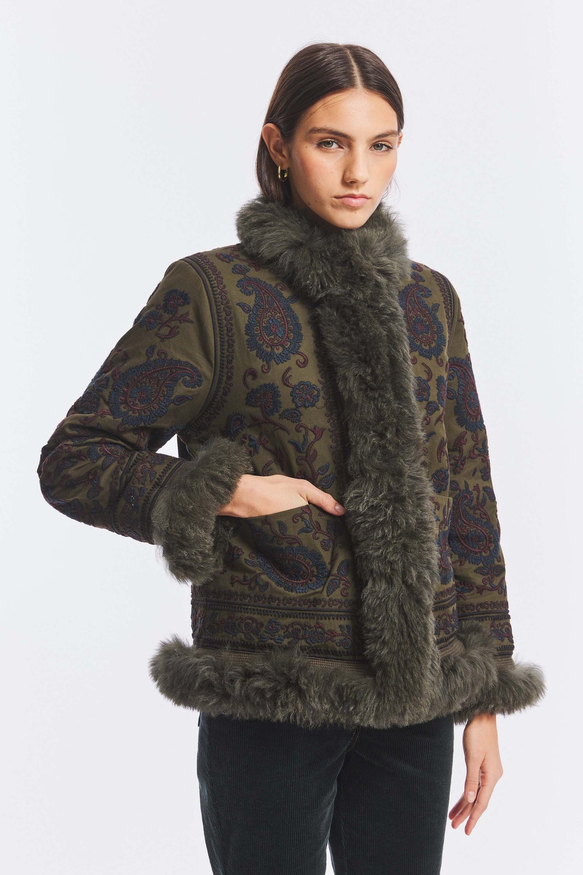 Embroidered Afghan-Inspired Jacket with Faux-Fur Lining – Boho Floral Coat – view 3