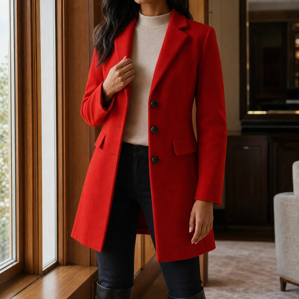 Women's Wool Blend Fit-and-Flare Coat – Notch Lapel Mid-Thigh Dress Coat
