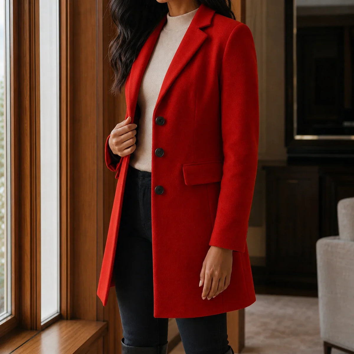 Women's Wool Blend Fit-and-Flare Coat – Notch Lapel Mid-Thigh Dress Coat – view 2