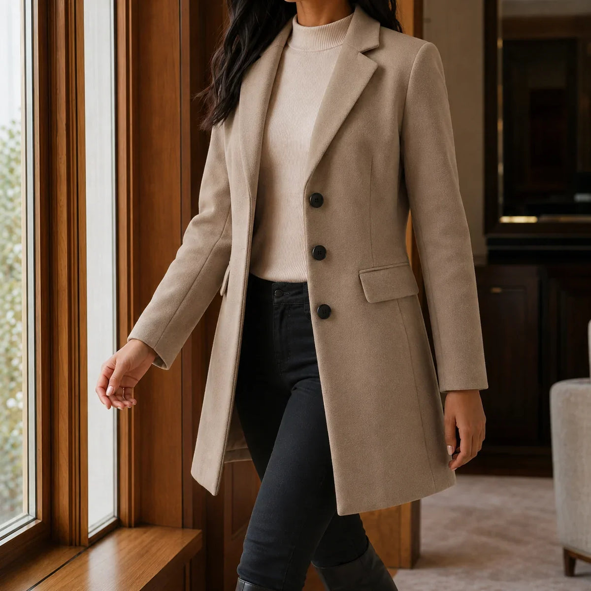 Women's Wool Blend Fit-and-Flare Coat – Notch Lapel Mid-Thigh Dress Coat – view 12
