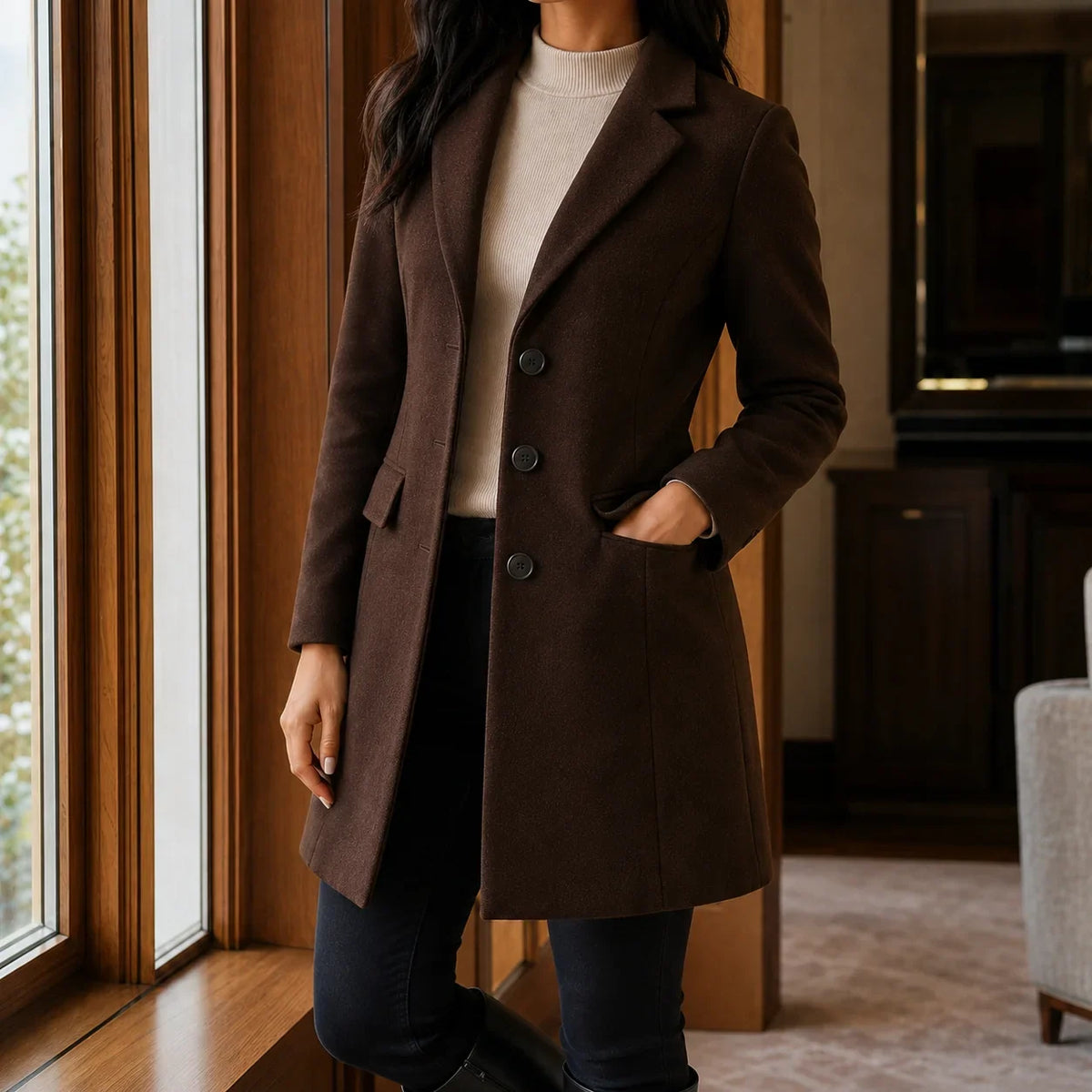 Women's Wool Blend Fit-and-Flare Coat – Notch Lapel Mid-Thigh Dress Coat – view 13