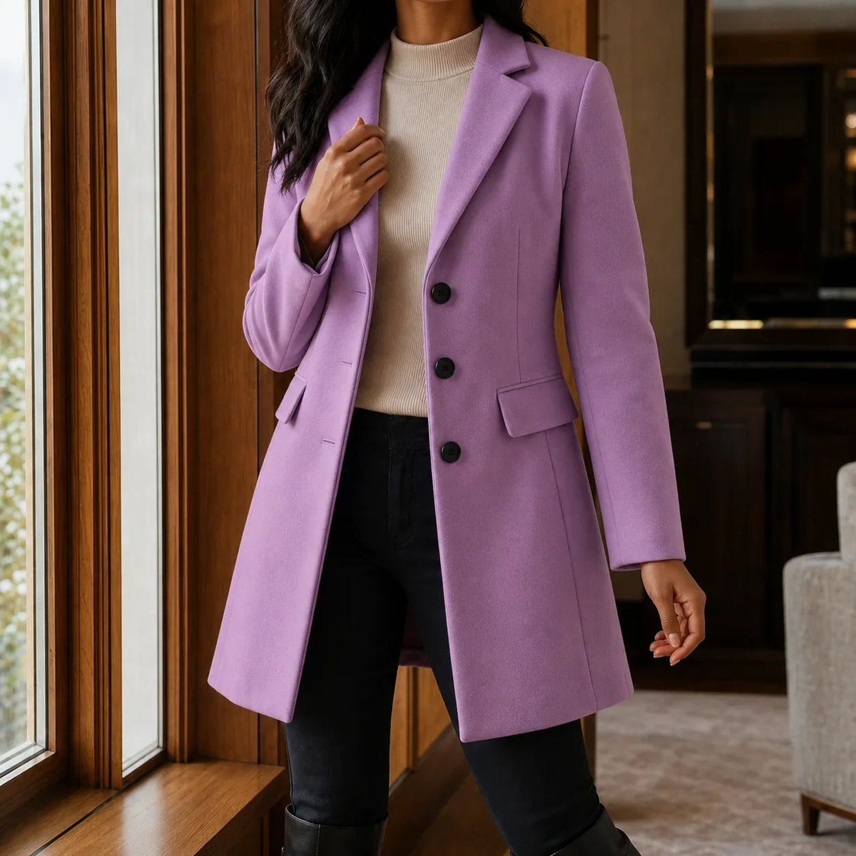Women's Wool Blend Fit-and-Flare Coat – Notch Lapel Mid-Thigh Dress Coat – view 14
