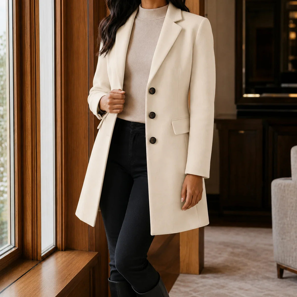 Women's Wool Blend Fit-and-Flare Coat – Notch Lapel Mid-Thigh Dress Coat – view 15