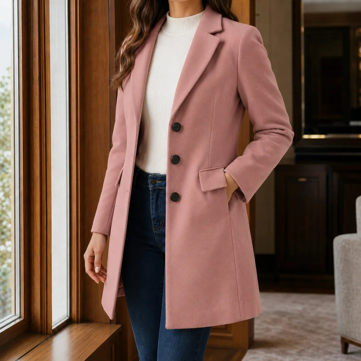 Women's Wool Blend Fit-and-Flare Coat – Notch Lapel Mid-Thigh Dress Coat – view 16