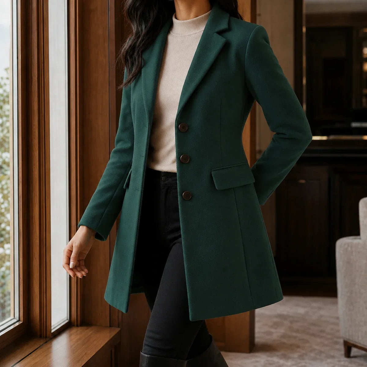 Women's Wool Blend Fit-and-Flare Coat – Notch Lapel Mid-Thigh Dress Coat – view 17