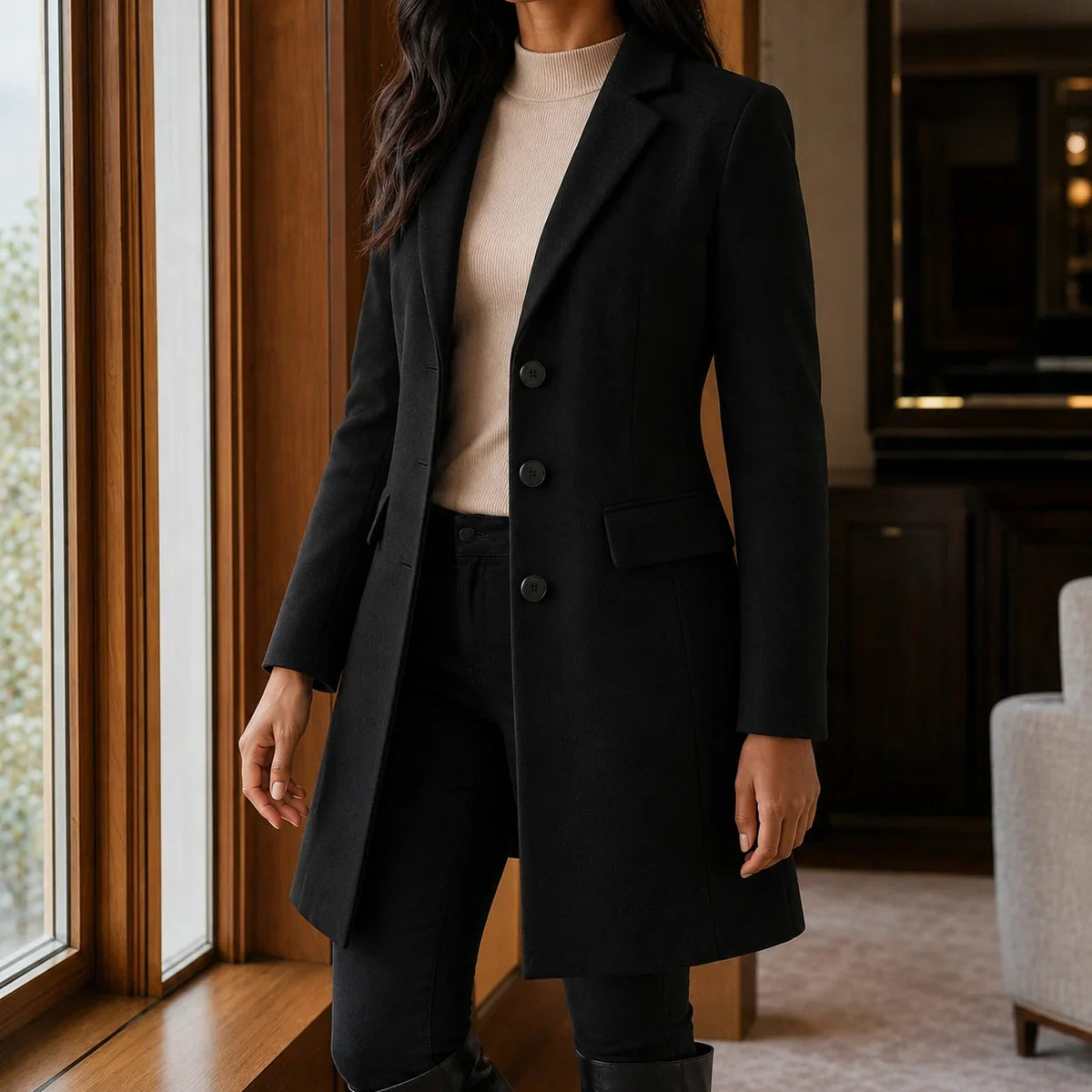 Women's Wool Blend Fit-and-Flare Coat – Notch Lapel Mid-Thigh Dress Coat – view 4