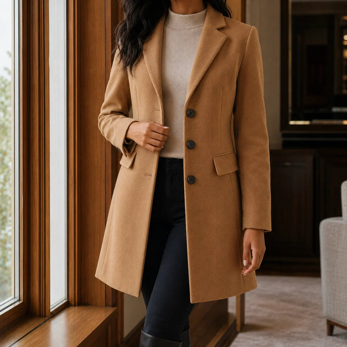 Women's Wool Blend Fit-and-Flare Coat – Notch Lapel Mid-Thigh Dress Coat – view 5