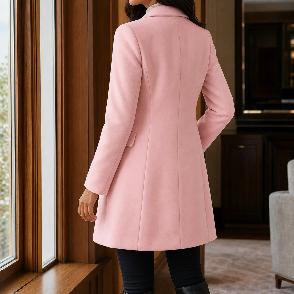 Women's Wool Blend Fit-and-Flare Coat – Notch Lapel Mid-Thigh Dress Coat – view 6